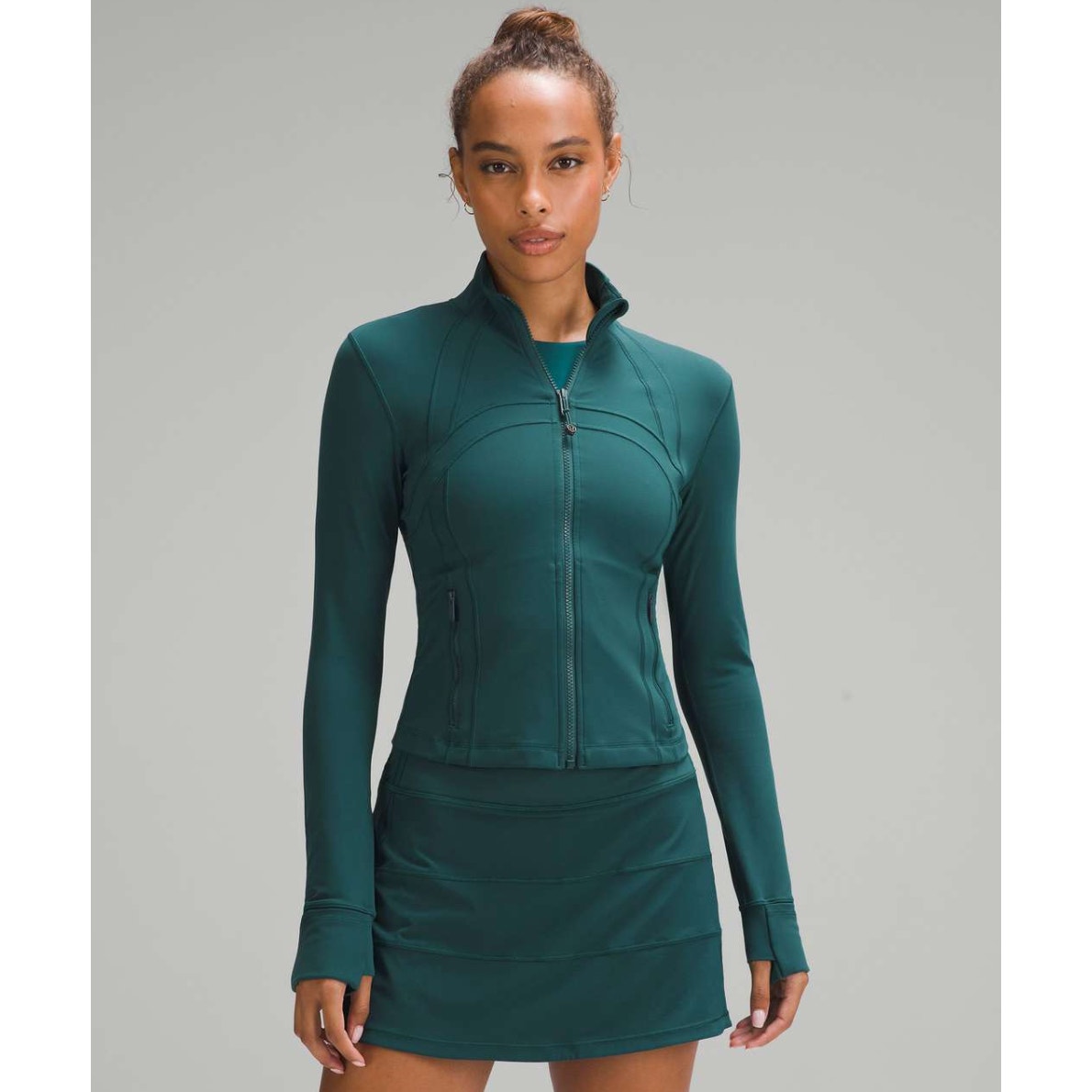 Lululemon Cropped Define Jacket & Pace Rival Skirt Long In Storm Teal, Size 6/2l